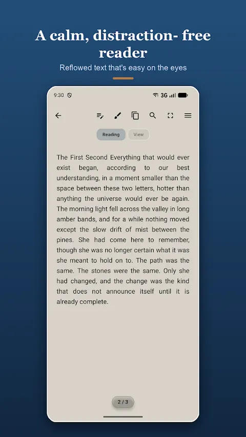Reading mode showing reflowed text on a paper-toned background