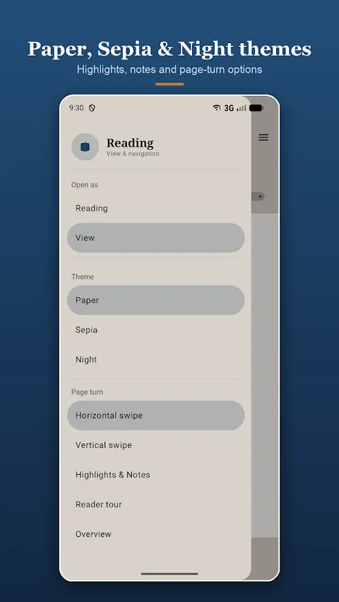 Reader settings panel with Paper, Sepia and Night themes and page-turn options